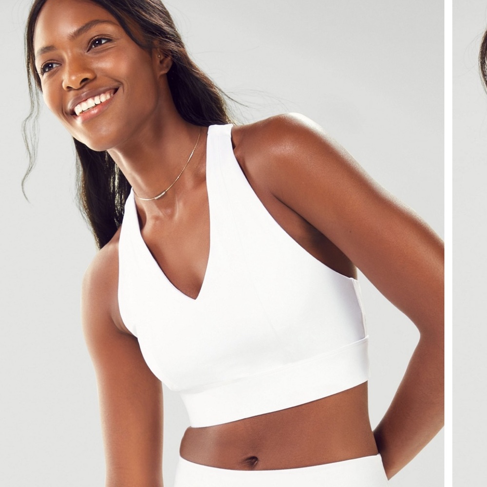 Fabletics Workout Top Sport Bra Women’s Size L White V Neck Racerback Strappy